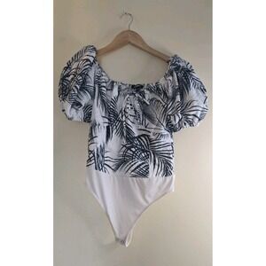 Express Tropical Green White Ruffle Sleeve Bodysuit Size M thong Vacation Plants